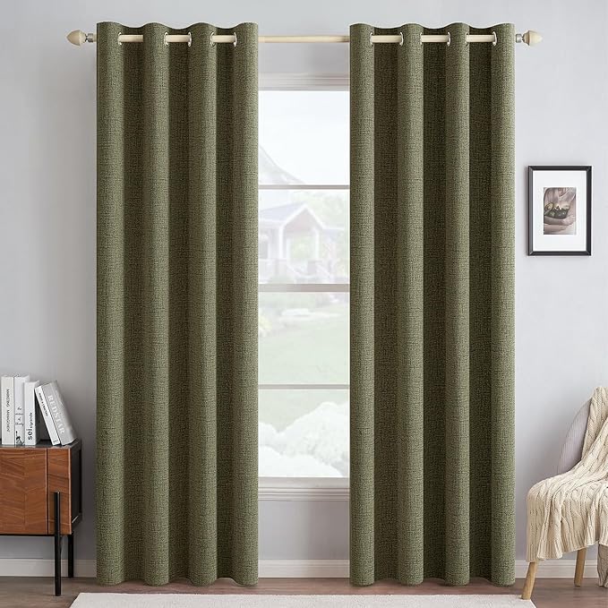 MIULEE Linen Texture Curtains for Bedroom Solid 100% Blackout Thermal Insulated Light Olive Green Curtains Grommet Room Darkening Drapes for Living Room 52x84 Inch (2 Panels)