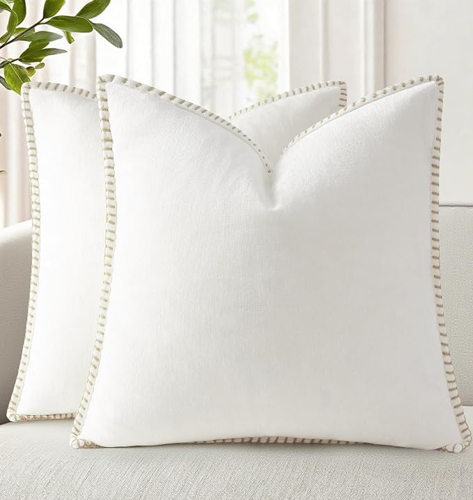 decorUhome Soft Chenille Throw Pillow Covers 24x24 Set of 2 Cream White | Fall Textured Decorative Throw Pillow Cases Stitched Edge Modern Farmhouse Luxury Boho Velvet for Couch Sofa Bed Home Decor