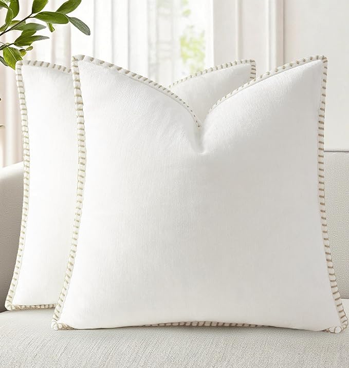 decorUhome Soft Chenille Throw Pillow Covers 20x20 Set of 2 Cream White | Fall Textured Decorative Throw Pillow Cases Stitched Edge Modern Farmhouse Luxury Boho Velvet for Couch Sofa Bed Home Decor