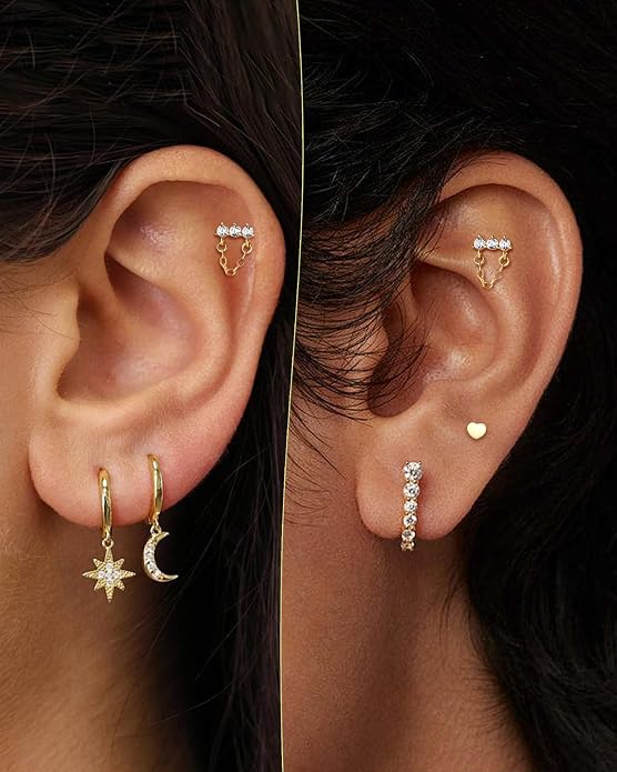14K Gold Plated Cartilage Earrings Stud 16G 925 Sterling Silver Helix Heart Flat Back Earrings Dangle Internally Thread
