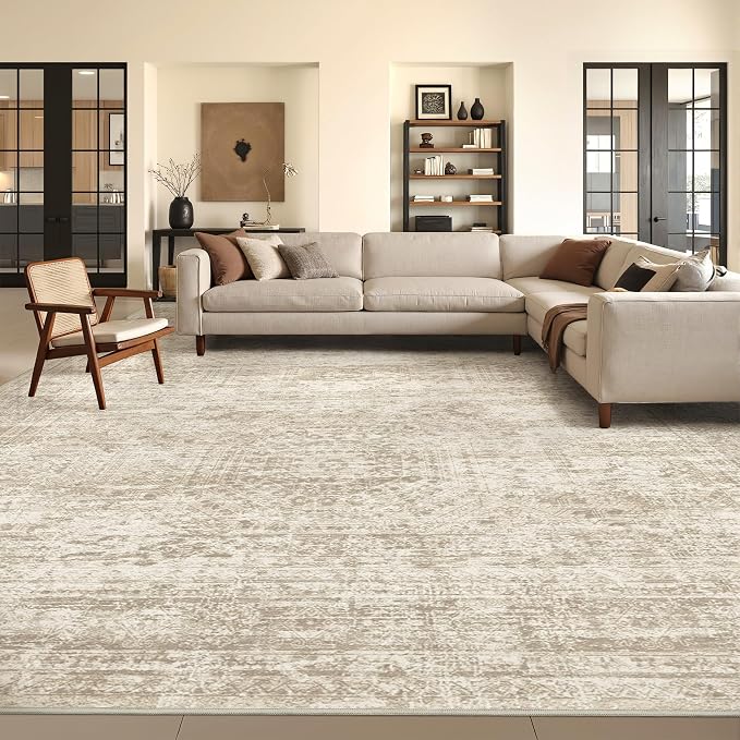 8x10 Area Rugs for Living Room,Large Washable Rug,Beige | Rugs for Bedroom,Dining Room,Office,Low Pile,Soft, Neutral Rug,Stain Resistant Indoor Carpet,Non Slip,Home Decor