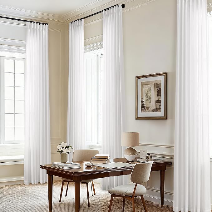 Ivory Pinch Pleated 90 Inch Curtains Floor to Ceiling Track System | Light Filtering Semi Sheer, Off White Cream, Linen Pleat Drapes, for Living Room, Boho, Back Tab, Curtains 90 Inches Long