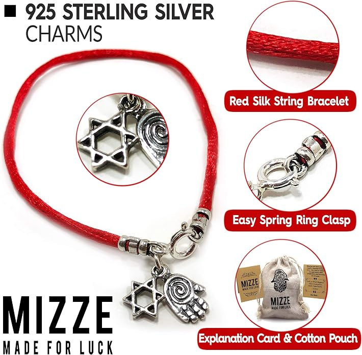 Sterling Silver Star of David Charm & Lucky Hamsa Hand Charms Bracelet on Red String Bracelet - Jewelry for Women Men & Teens - 7" Length