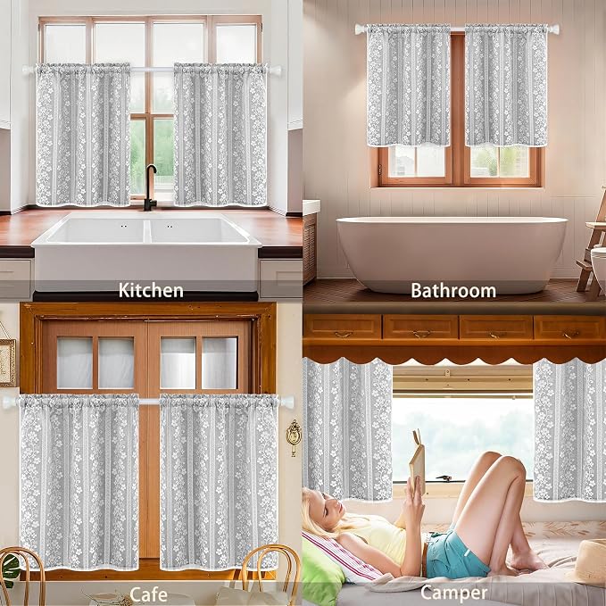 ASPMIZ Linen Kitchen Curtains 36 Inch Length, Double Layered Window Curtain 2 Panel Sets Rod Pocket Short Curtains for Kitchen, Farmhouse Window Treatment Tiers for Bathroom, Cafe, Grey