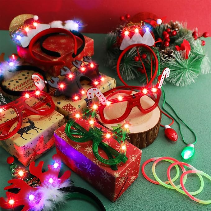 Hiboom 40 Pcs Light Up Christmas Headband Necklace Christmas Glasses Frame Fluorescent Wristbands Glowing in Dark Xmas Party Favor Set Glow Accessories for Holiday Party Favors Supplies