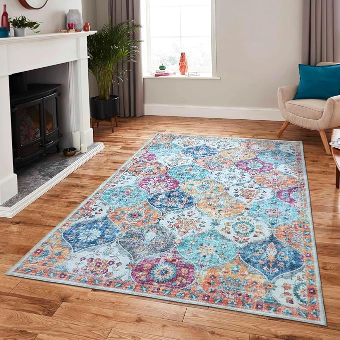 Mandala - Indoor Area Rugs 6x9 Washable, Stain Resistant Machine Washable Rugs for Living Room, Bedroom, and Modern House Décor - Durable Polyester Material, Colorful Patterned - Orange & Multi