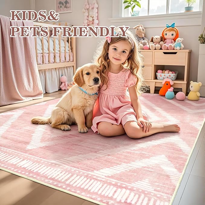 Boho Pink Washable Area Rugs 5x7ft for Living Room, Soft Bedroom Nursery Rugs Non Slip, Modern Thin Kids Playroom Floor Carpets for Dining Room Home Office Decor