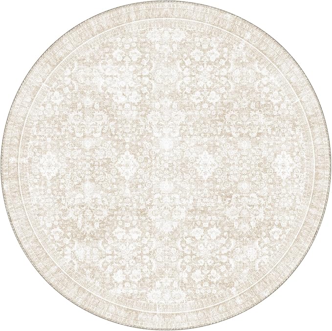 Sasttie Round Rugs 8ft, Ultra-Soft Washable Circle Rug, Low Pile Foldable Thin Carpets with Non-Slip Backing, Skin-Friendly Stain Resistant Carpet for Living Room, Bedroom, Kitchen, Dorm, 8ft, Cream