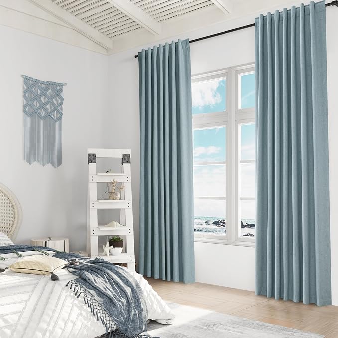 Guken Blue 100% Blackout Linen Curtains 96 Inch Length 2 Panels Set for Living Room Bedroom Back Tab/Rod Pocket Thermal Insulated Black Out Drapes Room Darkening Window Curtains 96 Inches Long
