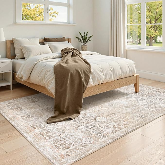 Collive Area Rug for Living Room 5x7, Machine Washable Neutral Farmhouse Rugs for Bedroom, Soft Non-Slip Low Pile Indoor Floor Accent Carpet for Office Entryway Nursery Dining Room - Beige