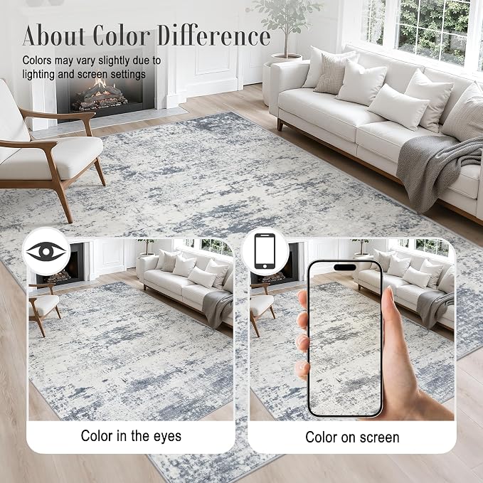 6x9 Area Rug Living Room Rug: Washable Modern Abstract Soft Thin Rug Indoor Floor No Slip Carpet for Bedroom Dining Room Farmhouse Nursery Home Office - Blue Grey