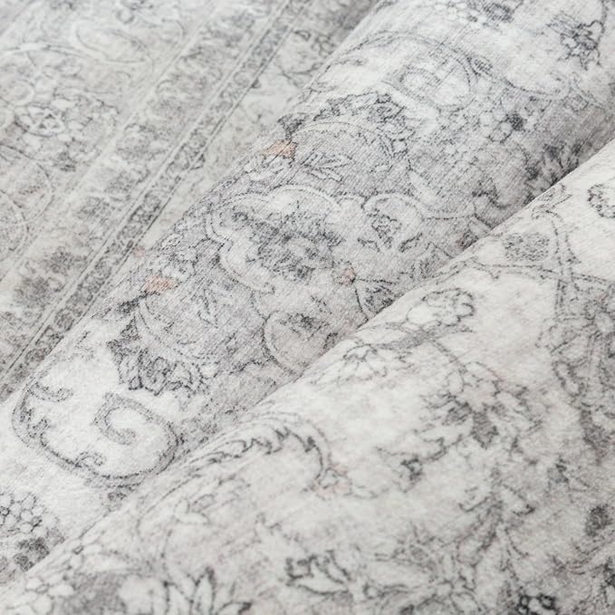 PureCozy 5x7 Area Rug Washable Gray Vintage Traditional Oriental | Non Slip, Soft Low Pile, Indoor Carpet for Bedroom, Living Room, Dining Room, Distressed Retro Decor