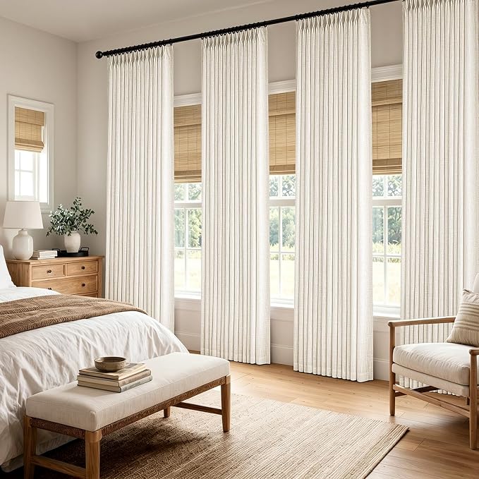 MIULEE 4 Panels Set Pinch Pleated Linen Curtains 84 Inches Long for Living Room Bedroom, Thick Linen Memory Trained Drapes Pleat Back Tab Light Filtering Beige White Window Curtains with Hooks