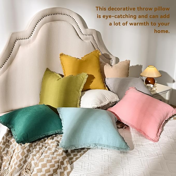 AmHoo Pack of 2 Linen Pillow Covers with Tassels Fringed Decorative Rustic Natural Throw Pillowcase Cushion for Couch Sofa Bedroom 24 x 24-Inch Cloud Blue
