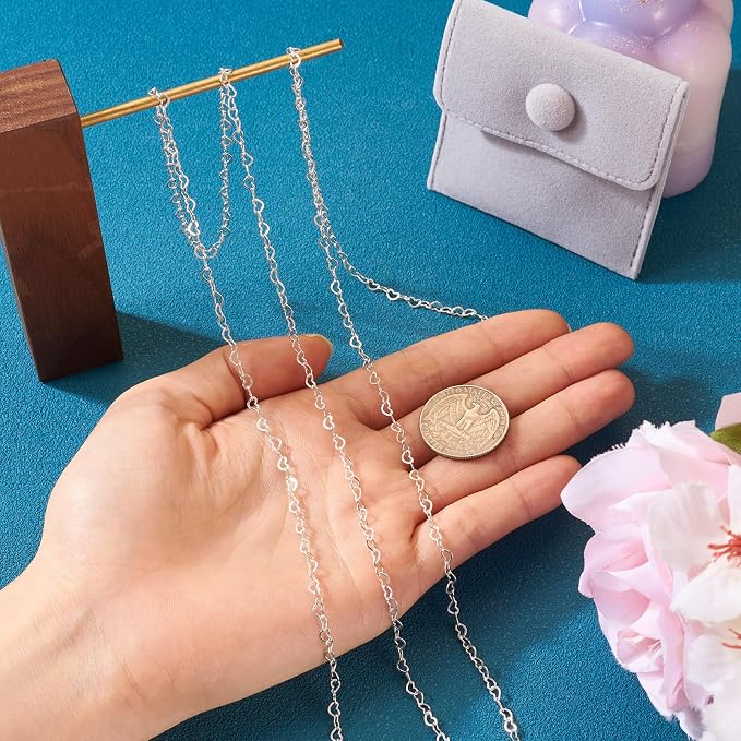 Elecrelive 925 Sterling Silver Heart Chains 3.28 Feet Heart Link Chain Necklace Roll Permanent Jewelry for Women Necklace Bracelet Making