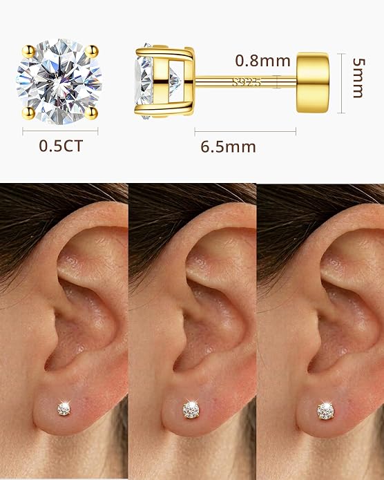 Moissanite Stud Earrings for Women, S925 Sterling Silver Screw Back Flat Back Earrings, Hypoallergenic 14K Gold/White Gold Plated Cartilage Piercing Studs, D Color VVS1 Round Cut 3-5mm