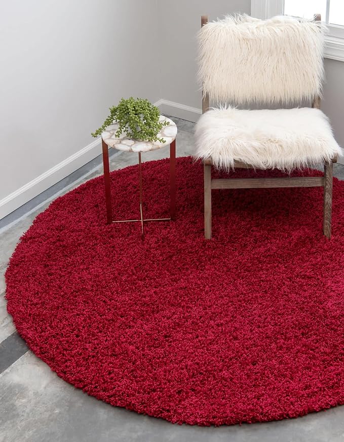 Unique Loom Solid Shag Collection Area Rug (6' 1" Round, Cherry Red) | Modern solid area rug for dining room, entryway & bedroom. Stain-resistant, easy-care, kid & pet friendly