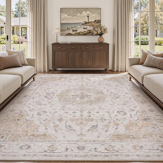 PADOOR 5X7 Area Rug,Rugs for Living Room,Soft Beige Rugs for Bedroom,Machine Washable Rug Non Slip Carpet for Dining Room Living Room Bedside Office