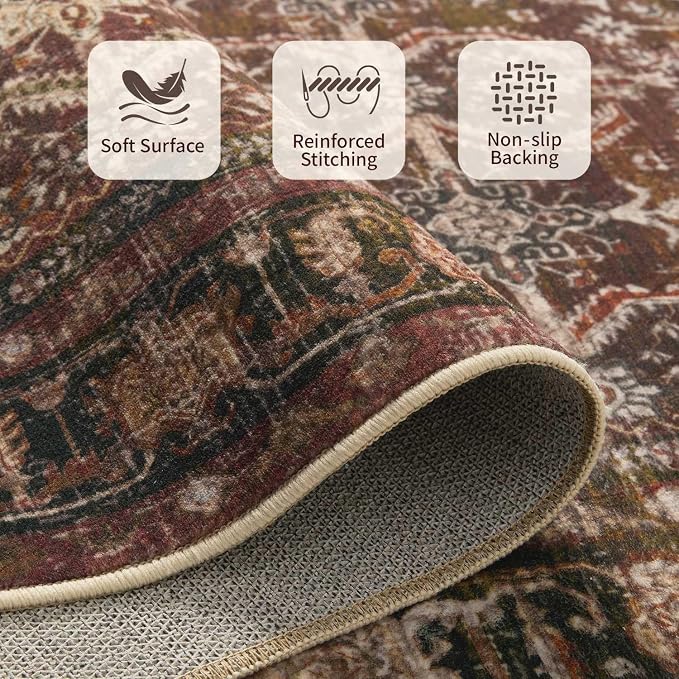 Rugxara Red Area Rugs 5x7 Washable Oriental Rug for Living Room Bedroom | Non Slip, Rug for Dining Room Office Farmhouse Dorm, Stain Resistant, Soft, Vintage Boho Retro Carpet, Low Pile, Home Decor