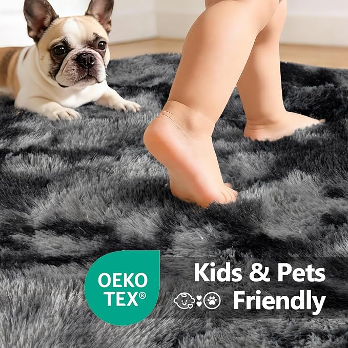 5x7 Area Rugs for Living Room Decor, Non-Slip Shaggy Tie-Dyed Rugs for Bedroom Kids Playroom Dorm Room, High Pile Ultra Soft Carpet, Dark Grey