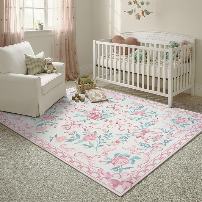 Collive Pink Floral Rugs for Bedroom Girls, 5x7 Bow Nursery Rug for Dorm Washable Area Rug for Living Room, Cute Ultra-Thin Non Slip Indoor Decor Carpet for Kids Room Playroom (Pink 5' x 7')