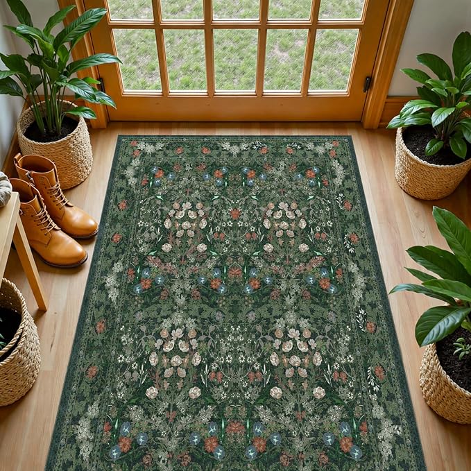 Green Boho Floral 3x5 Rugs for Large Entryway, Farmhouse Botanical Washable Area Rug for Dorm, Bedroom Bedside, Foyer, Kitchen, Laundry - Cottagecore Distressed Carpet, Low Pile Non Slip Mat