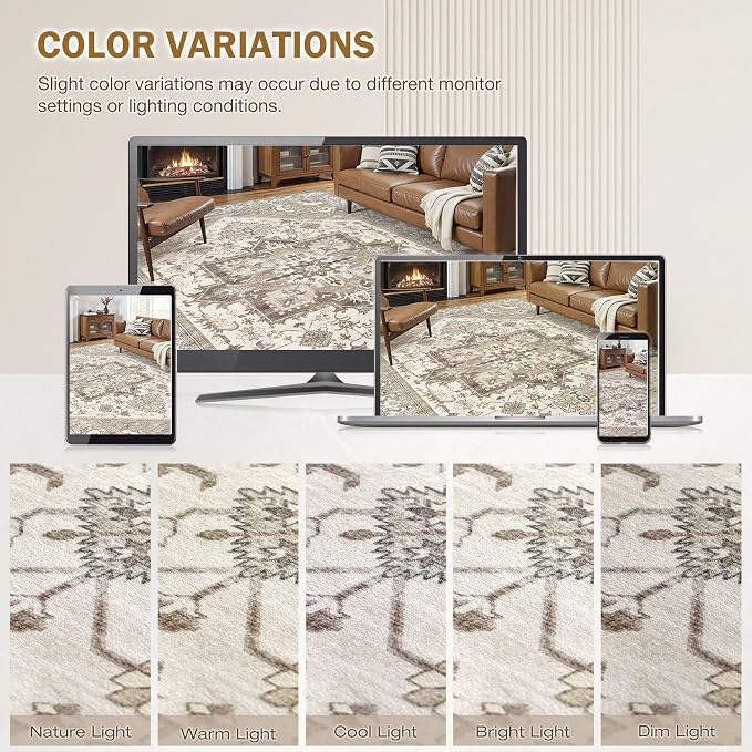 Area Rug for Living Room - 5x7 Washable Oriental Vintage Floral Large Soft Carpet - Fade Stain Resistant Non Slip Rugs for Bedroom Dining Room Nursery Dorm Office Home Decor - Beige Brown