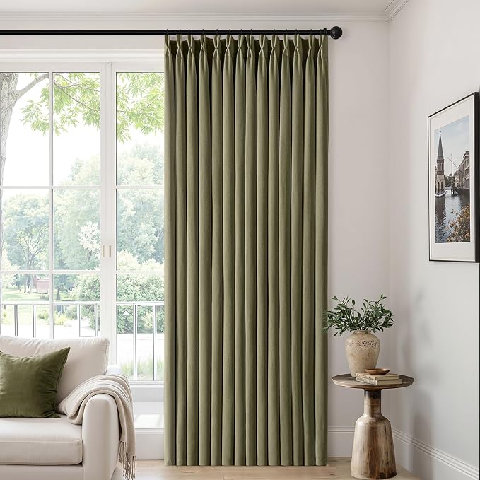 MIULEE Pinch Pleated Thick Linen Curtains 84 Inch 4 Panels Set Back Tab Memory Trained Pinch Pleat Semi Sheer Light Filtering Curtains Let Light in Window Drapes for Living Room Bedroom Olive Green