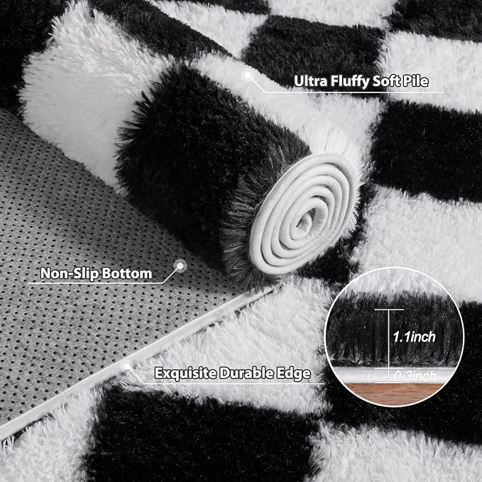 Pionblank Checkered Rug for Living Room, Modern Soft Shag 6x9 Area Rugs, Plush Fuzzy Carpet for Bedroom Girls Boys Room Home Nursery Teens Dorm Decor, Black and White