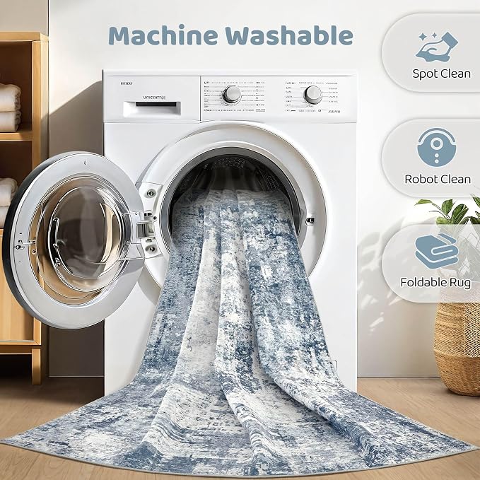 7x9 Area Rug Living Room: Washable Large Abstract Modern Soft Rug Stain Resistant Indoor Non-Slip Carpet for Bedroom Dining Room Nursery Kids Playroom Office Home House- Blue White