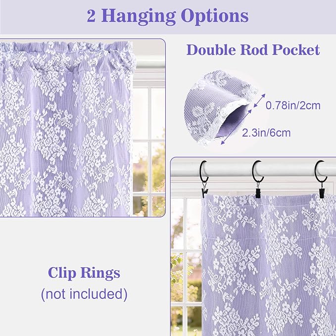 Yinhua Purple Kitchen Curtains 36 Inch Length Double Layer Blackout Curtains with Floral Sheer Overlay Rod Pocket Short Curtain for Windows, Small Window Curtain for Bathroom, Living Room, 2 Panels