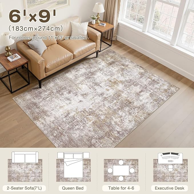 6x9 Area Rug, Non Slip Low Pile Washable Large Rug for Living Room | Modern Abstract Carpet, Stain Resistant Kid & Pet Friendly, Made for Dining Room, Nursery, Home Office Indoor - Gold Brown