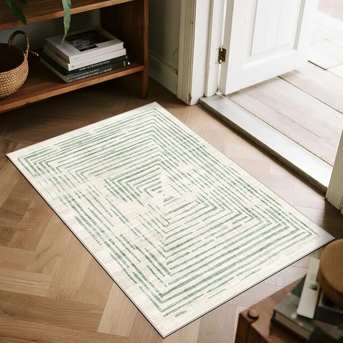 BLISSA 2x3 Small Entryway Rug - Modern Door Mat Non-Slip Ultra-Thin Soft Sage Green Lines Borderd Abstract Front Door Rug Indoor Entrance Striped Throw Rugs for Bedroom Bathroom Kitchen Home Decor