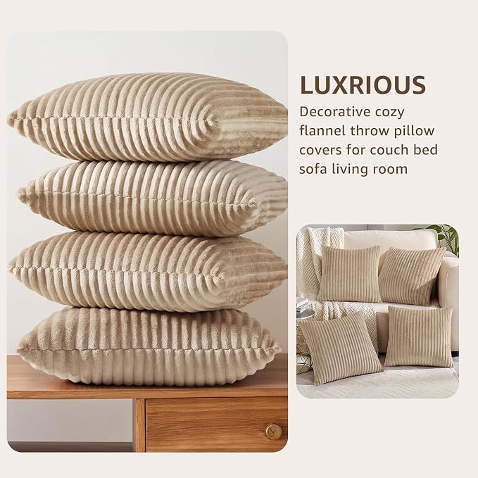 decorUhome Flannel Light Brown Throw Pillow Covers 18X18 Set of 4 | Decorative Fall Soft Fluffy Striped Double-Sided Couch Pillow Covers, Modern Farmhouse Pillow Cases for Sofa bed Home Decor