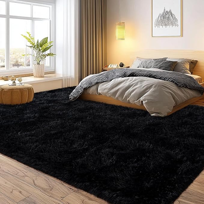 qulint Black Rug for Living Room, 10x14 Rug for Bedroom Fluffy Large Carpet | Soft Shaggy Rug for Living Room, Fuzzy Plush Modern Solid Rug for Dorm Kid Room Classroom Nursery Home Decor