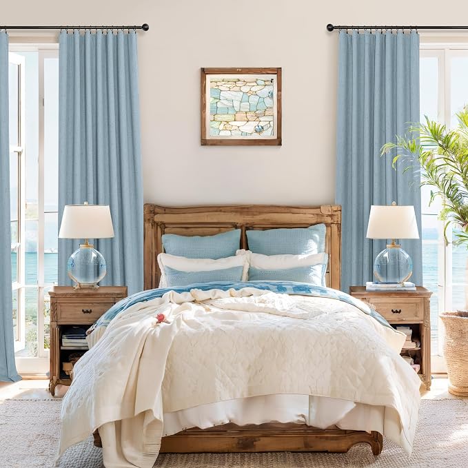 Light Blue Blackout Curtains 96 Inches Long for Living Room Country Rustic Faux Linen Black Out Thermal Insulated Darkening Curtain for Bedroom Patio Door 96 in Length 2 Panel Set Dusty Blue Grey Gray