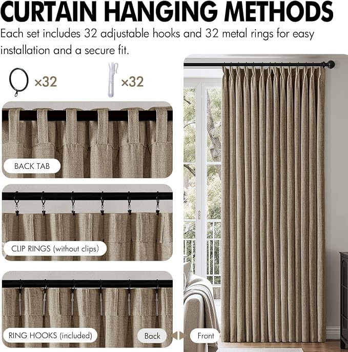MIULEE Pinch Pleated Thick Linen Curtains 96 Inch 4 Panels Set Back Tab Memory Trained Pinch Pleat Semi Sheer Light Filtering Privacy Curtain Let Light in Window Drapes for Living Room Bedroom Latte