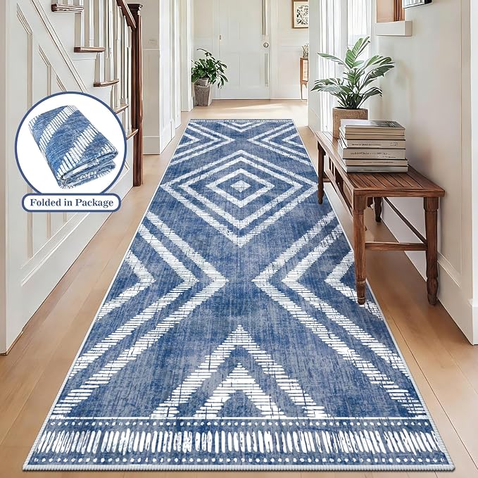 3x10Ft Boho Hallway Runner Rugs Non Slip, Blue Geometric Washable Kitchen Rug Runners, Soft Wide Modern Farmhouse Entryway Floor Carpets for Entrance Doorway Bedroom Home Decor