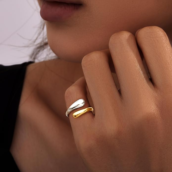 Non Tarnish Gold Chunky Rings for Women, 14K Gold Plated Statement Dome Rings Stacking Silver, Adjustable Mens Eternity Wedding Band Mixed Metal Jewelry Size 3-13