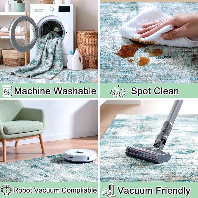 Washable Pet Friendly Area Rug, Water Resistant Abstract Carpet, 0.3" Low Pile, Foldable Non-Slip Silicone Backing, Living Room Nursery Bedroom, 5'x7', Sage Green