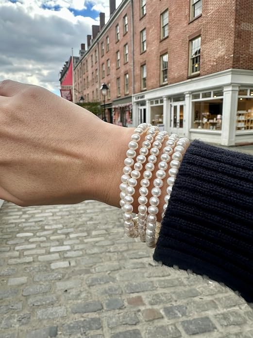 Freshwater Cultured Pearls White, Pink, Peach or Gray 7'' Classic Stretch Strand Pearls Bracelet Jewelry for Women (Choice of Size and Colors)