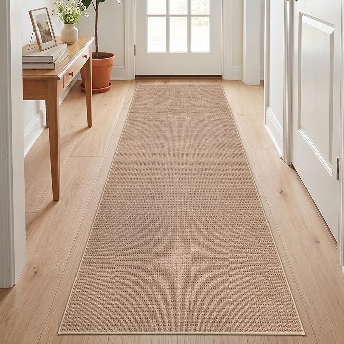 3x7 Kitchen Jute Runner Rug: Non Slip Faux Jute Rugs for Entryway Kitchen | Solid Color & Easy Clean: Thin Indoor Carpet for High Traffic Areas - Boho Rugs for Hallway Bedroom Home Decor Mat(Beige,3x7)