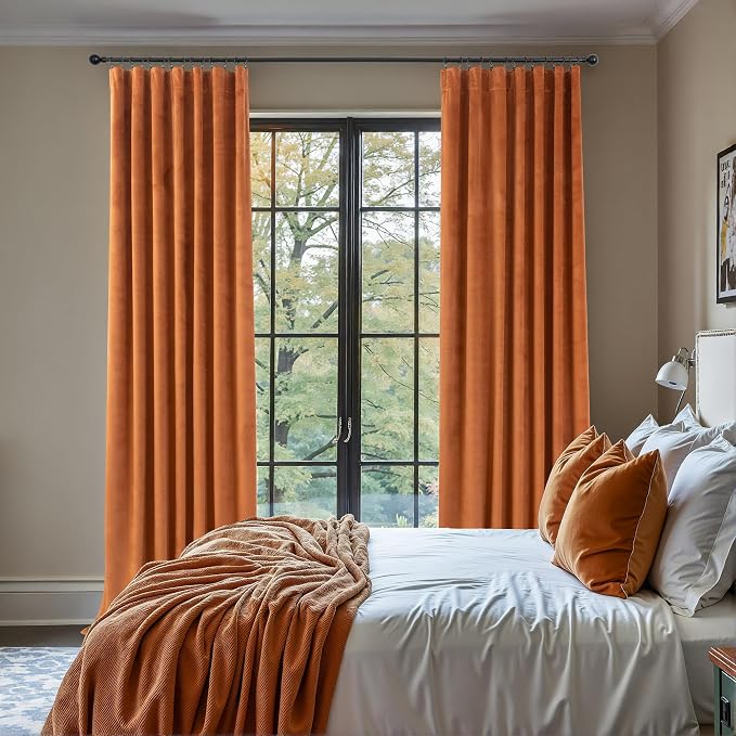 Burnt Orange Velvet Curtains 108 Inches Long 2 Panels for Patio Sliding Door Thick Privacy Thermal Noise Reduction Drape Rust Terracotta Colored Curtain for Bedroom Living Room Victorian Vintage Decor