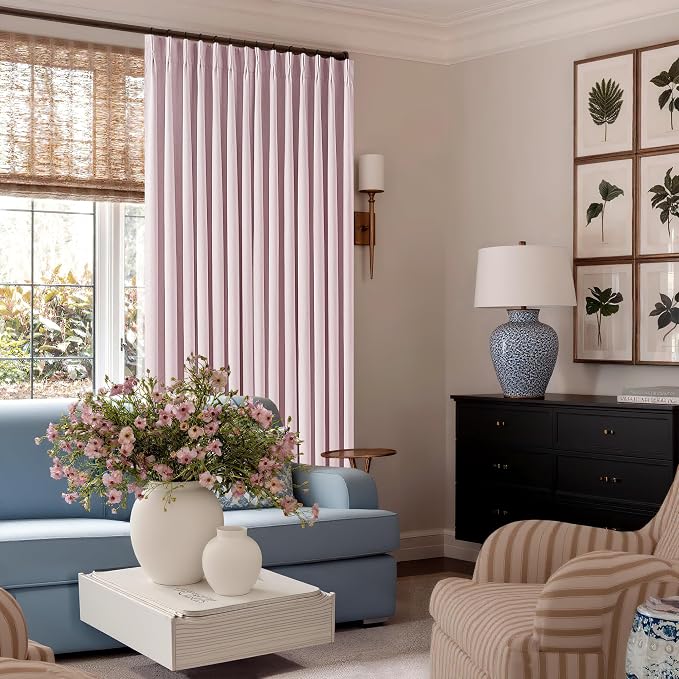 Light Pink Pinch Pleated Blackout Linen 80 Inch Window Curtains 2 Panels | 100% Black Out Room Darkening Thermal Insulated, for Nursery Girls Bedroom, Back Tab Pinch Pleat with Hooks Rings, W40xL80