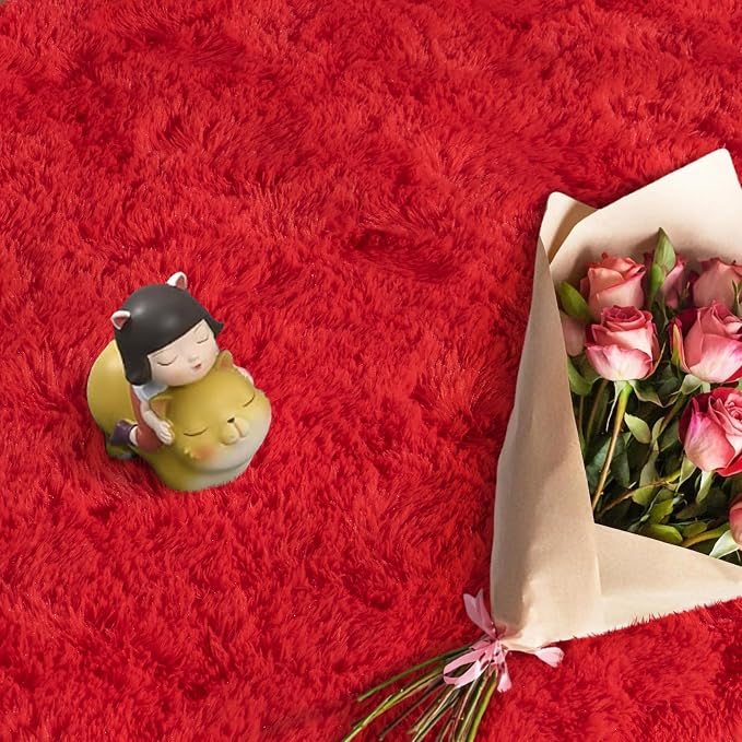 Large Area Rugs for Living Room Bedroom 4x6 Red Fluffy Shag Rugs | Ultra Soft Shaggy Plush Fuzzy Modern Indoor Throw Floor Carpet for Kids Girls Boys Dorm Nursery Home Decor Aesthetic