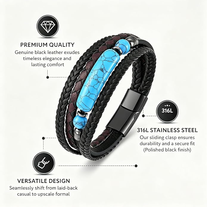 Mens Turquoise/Lapis Lazuli/Tiger Eye/Black Agate/Obsidian Leather Braided Bracelets for Father's Day/Birthdays/Graduation Jewelry Wristband Cuff Bracelet with Stainless Steel Clasp