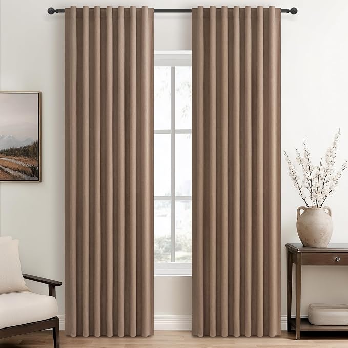 RustBrown Black Out 92 Inch Long Boho Curtains 2 Panel Set, Farmhouse Curtains for Living Room Darkening/Thermal/Noise Reduction Textured Flax Linen Drape Hook&Ring Included Chocolate 50"x92"