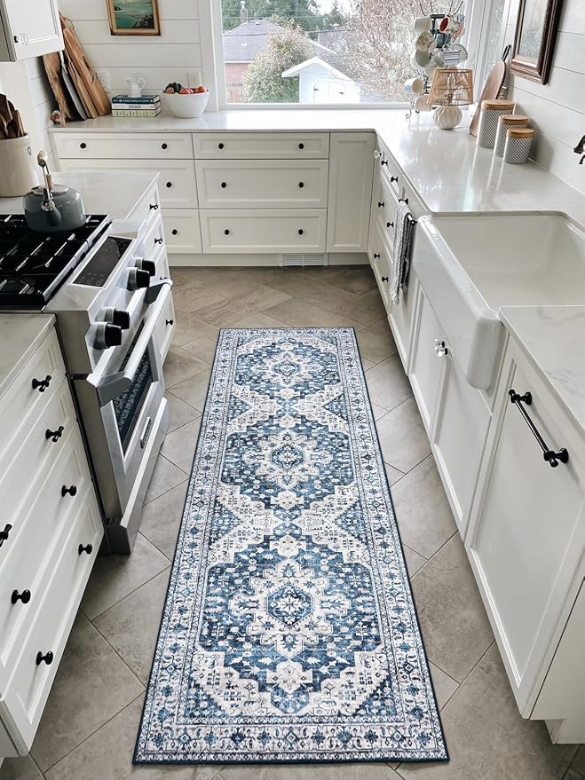 Moynesa Ultra-Thin Washable Runner Rug - 2x6 Blue Laundry Room Rug Washable Kitchen Runners Bathroom Carpet Runner, Oriental Printed Pet Friendly Hallway Runners for Bedroom Entrance Entryway RV