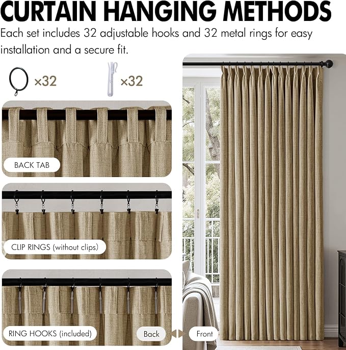 MIULEE Pinch Pleated Thick Linen Curtains 90 Inch 4 Panels Set Back Tab Memory Trained Pinch Pleat Semi Sheer Light Filtering Privacy Let Light in Window Drapes for Living Room Bedroom Copper Brown