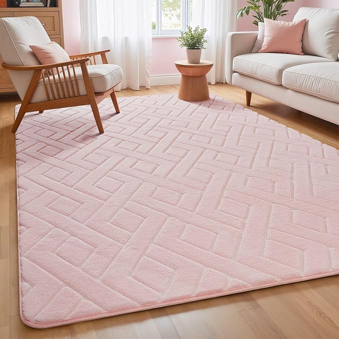 Macgace Ultra Soft Pink Area Rug for Living Room, 6x9 Modern Geometric Shag Rugs with Nonslip Backing for Bedroom, Washable Fuzzy Carpet for Cozy Kids Girls Room